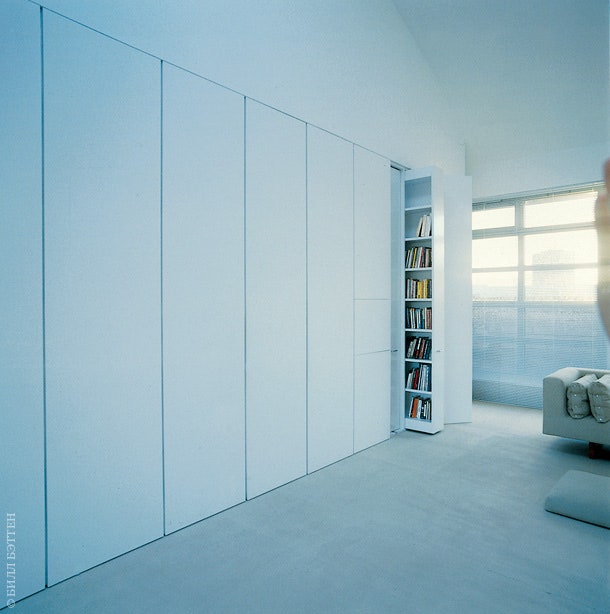 Стеновые панели скрывают книги телевизор оборудование для стирки. Панели из МДФ покрыты эмалью.