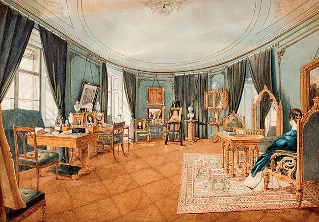 Постепенно возникли более камерные sitting rooms — на австрийском рисунке 1841 года изображена одна из них.