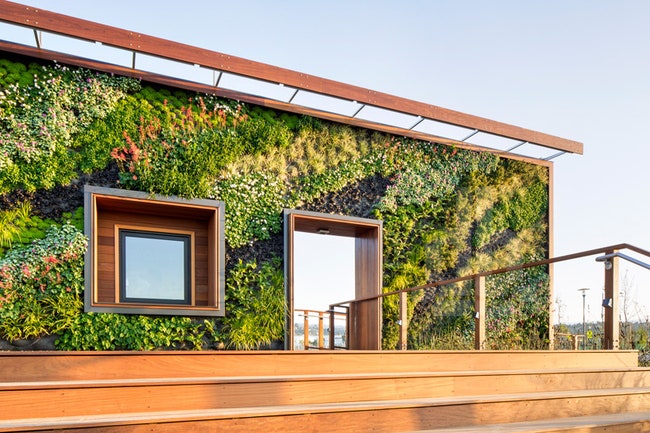 Фасад с вертикальным садом на здании Bay Meadows Welcome Center в Калифорнии | Admagazine