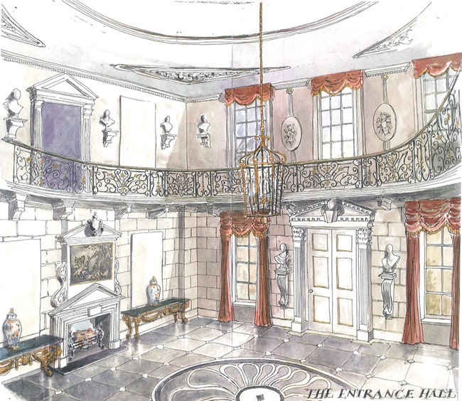 Акварельный эскиз вестибюля в одном из особняков который Ники Хэслем построил и оформил в Англии.