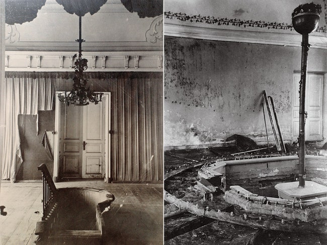 Слева Так выглядел главный зал Банного корпуса после войны. Справа На фото 1940х — вид разрушенной восьмигранной чаши...