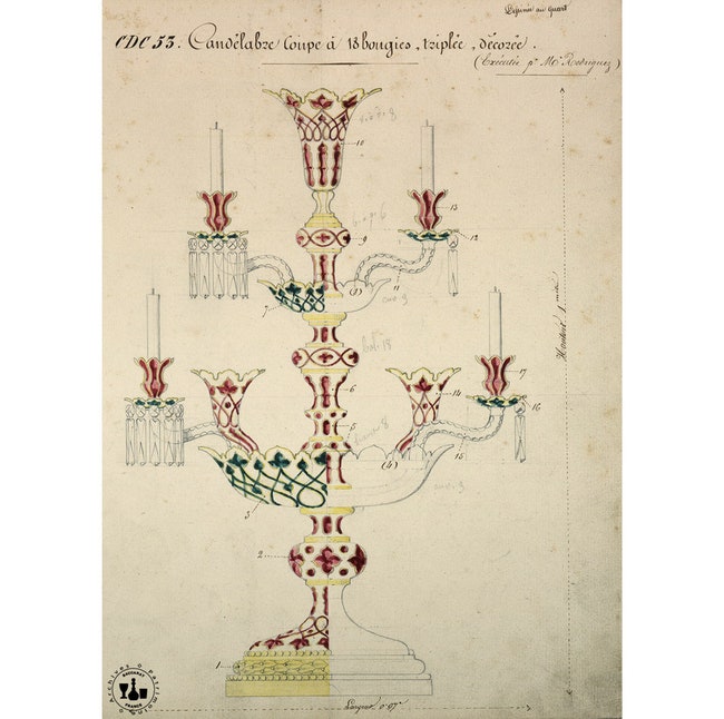 Эскиз канделябра Coupe CDC 53 на восемнадцать свечей хрусталь с подложками трех видов  ок. 1855. © Архив Baccarat