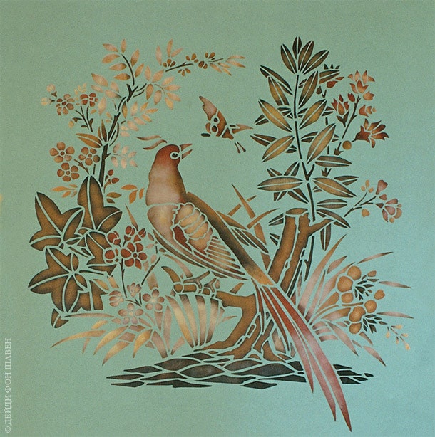 Орнаменты с изображениями птиц в духе старинных китайских обоев  из коллекции Stencil Library.