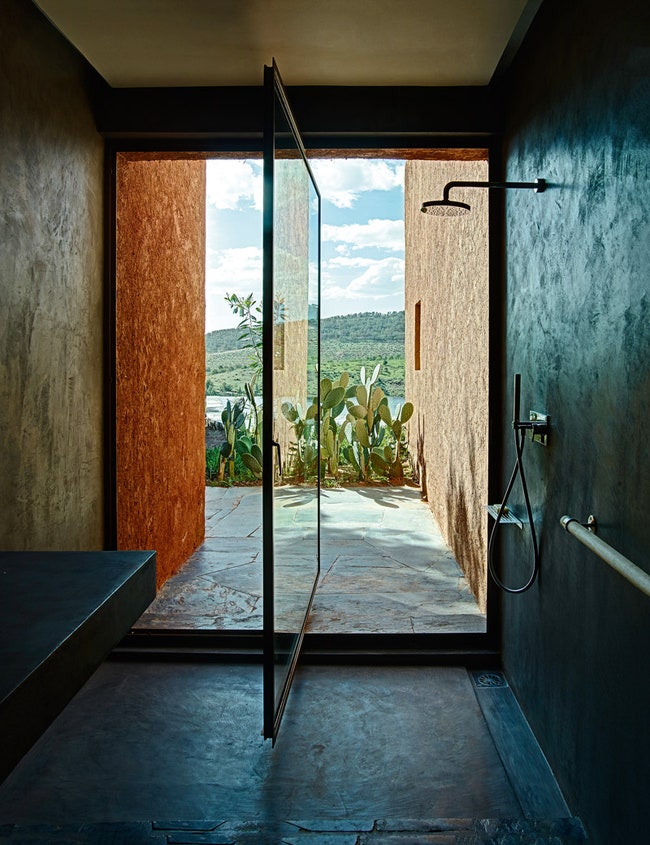 Гостевая ванная. Стеклянная дверь позволяет попасть прямо из душевой в сад — к декоративным кактусам и бассейну.