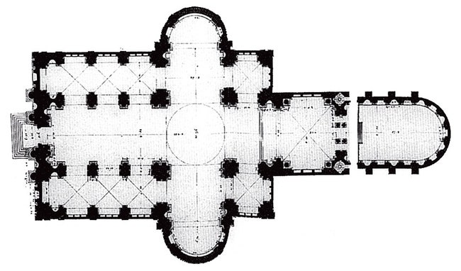 План собора СанДжорджо Маджоре является компромиссом между традиционным базиликальным  и центрическим .