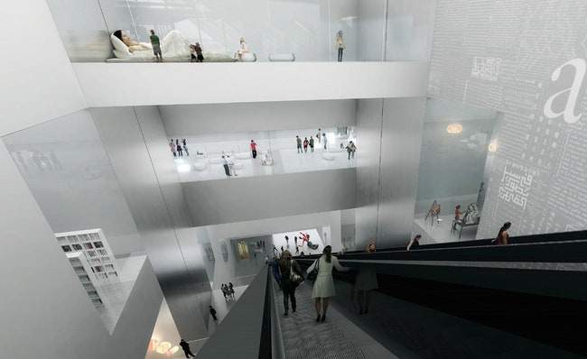 Вертикальный архив. Эскалатор перевозит посетителей от входа на первом этаже прямо к пространству галерей наверху...