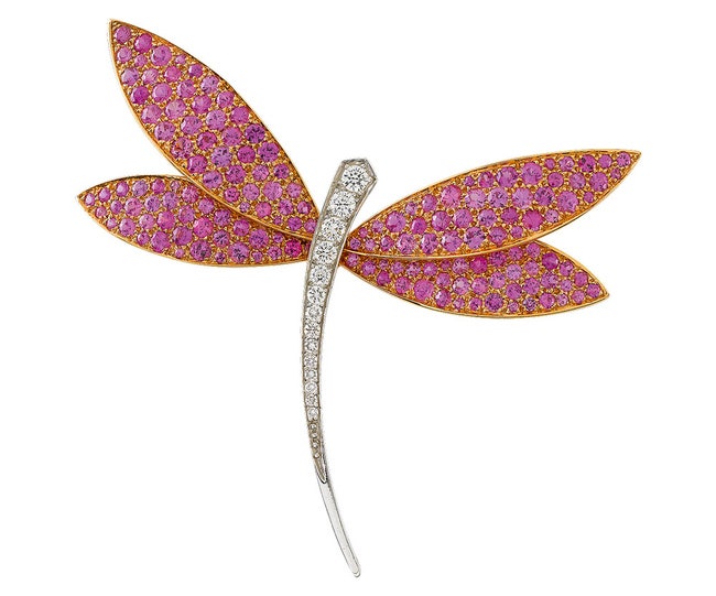 Брошь Dragonfly розовое и белое золото сапфиры бриллианты.