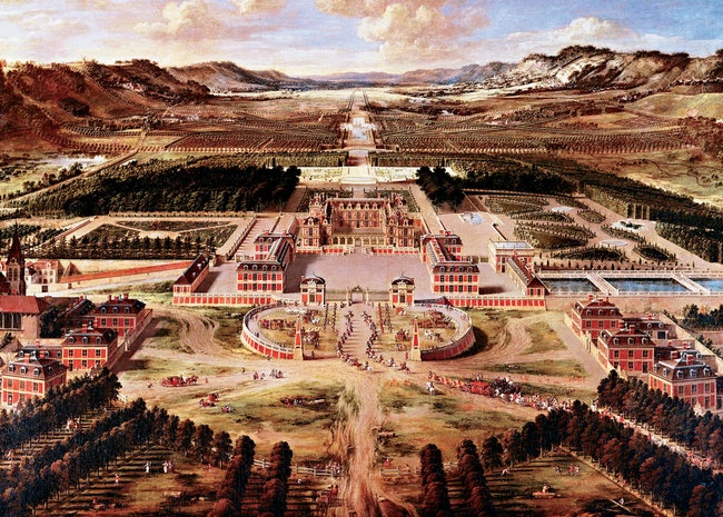Панорама Версальского дворца и парка. Акварель Пьера Пателя XVII век.