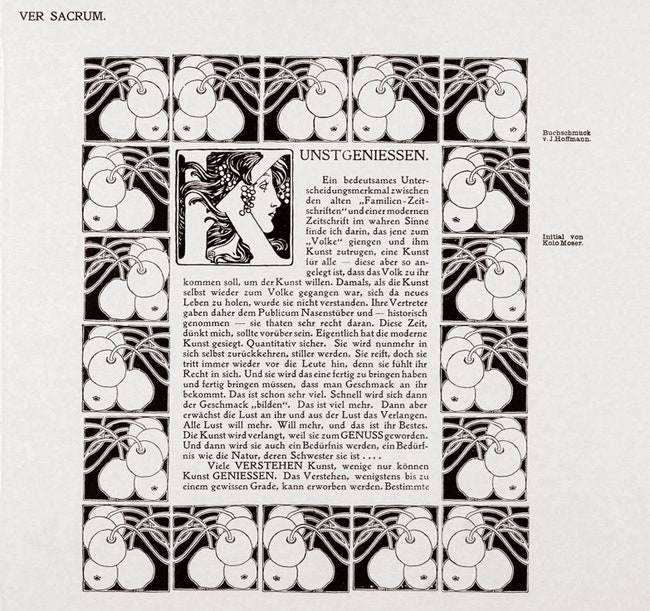 Образец совместного творчества Хоффмана и Мозера. Первый нарисовал рамку второй — буквицу с женским профилем.