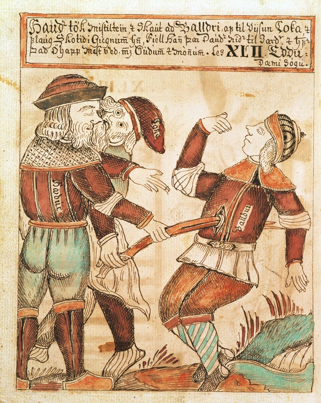 Миниатюра “По наущению Локи слепой Хёд убивает своего брата Бальдра” ”Младшая Эдда” исландский манускрипт 1760 года