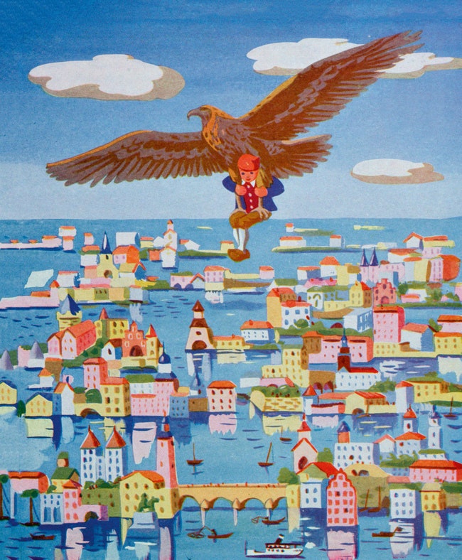 Цветная литография к книге “Чудесное путешествие Нильса с дикими гусями” автор — Кана 1958