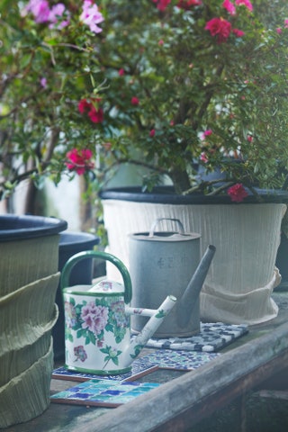 Вокруг цветочных горшков — ткань Verone полиэстер Mtaphores €156 за метр лейка керамика Ceramica DArte €201 плитки...