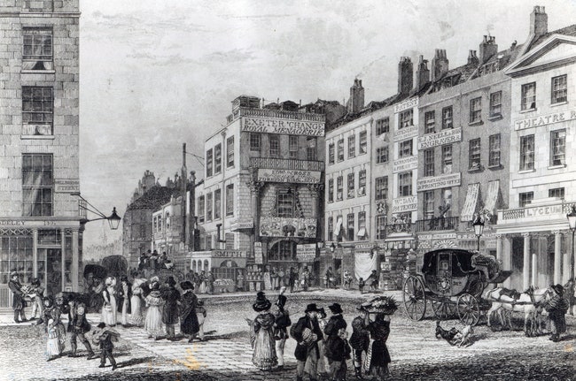 Гравюра Exeter Exchange Джорджа Кука изображает уличную жизнь Лондона в XIX веке. Сейчас как говорит Аджайе культура...