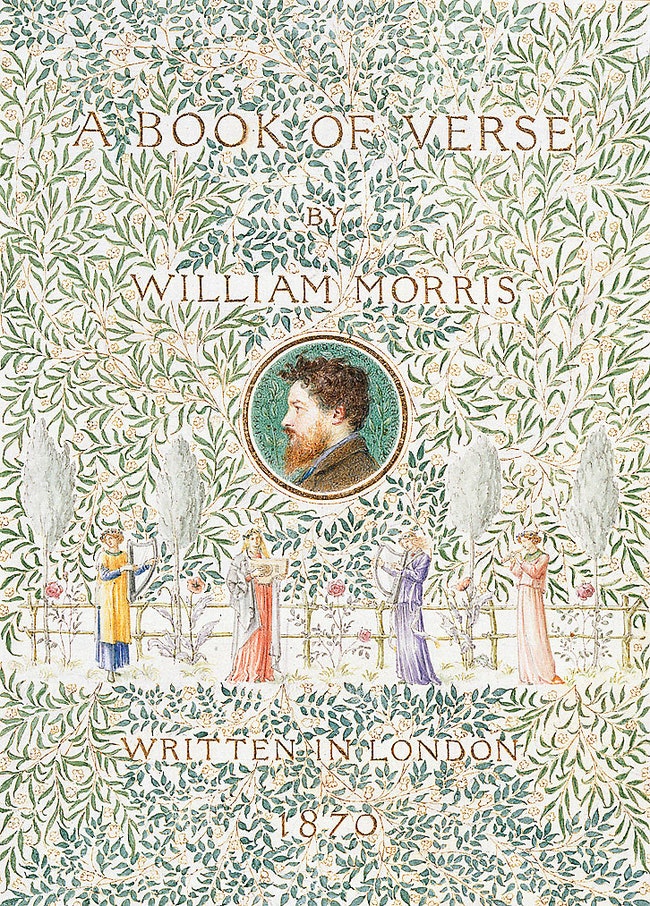 Страница и обложка сборника стихов Уильяма Морриса A Book of Verse 1870 год