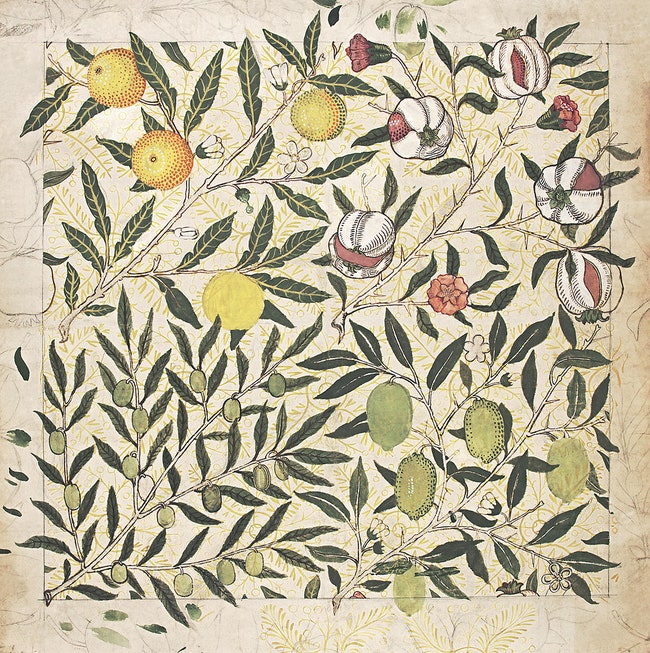 Архивный образец обоев с изображением гранатов лимонов и оливок 1862 год. Этот узор лег в основу знаменитых обоев Fruit