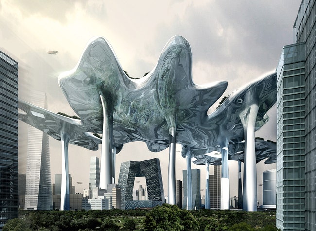 Выставочный проект “Пекин 2050”. MAD предложили возвести над деловым кварталом футуристическую конструкцию внутри...