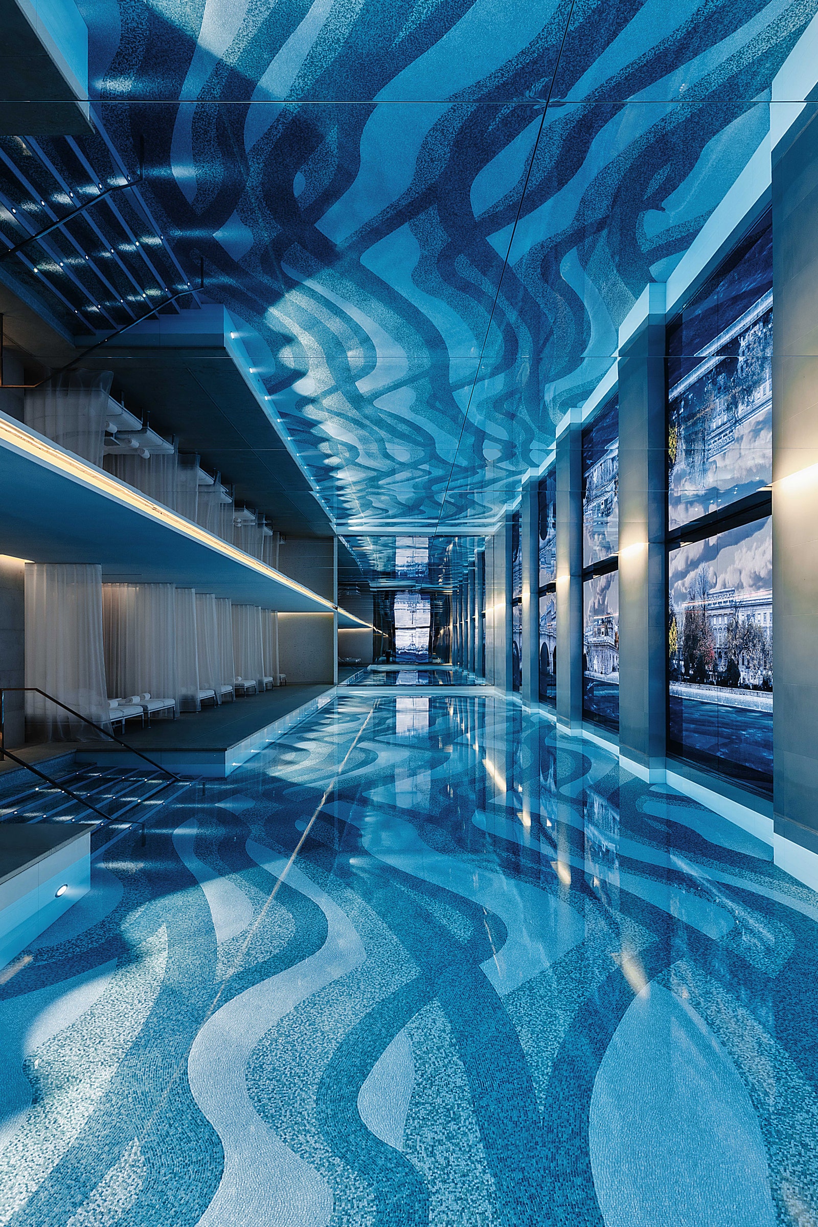 Бассейн в The Dior Spa. На стене — парижские пейзажи.