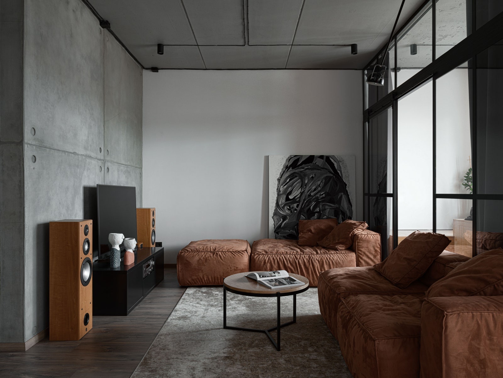 Проект студии LEFT design. Гостиная. Модульный диван Costa Bella на полу ламинат.