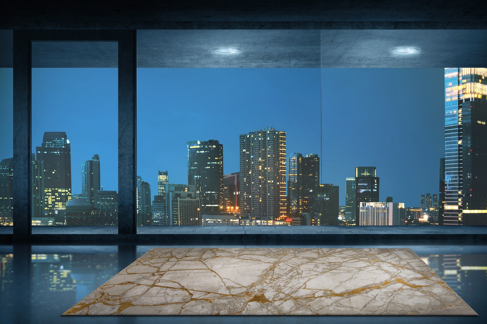 Empty office room with view of the city at night