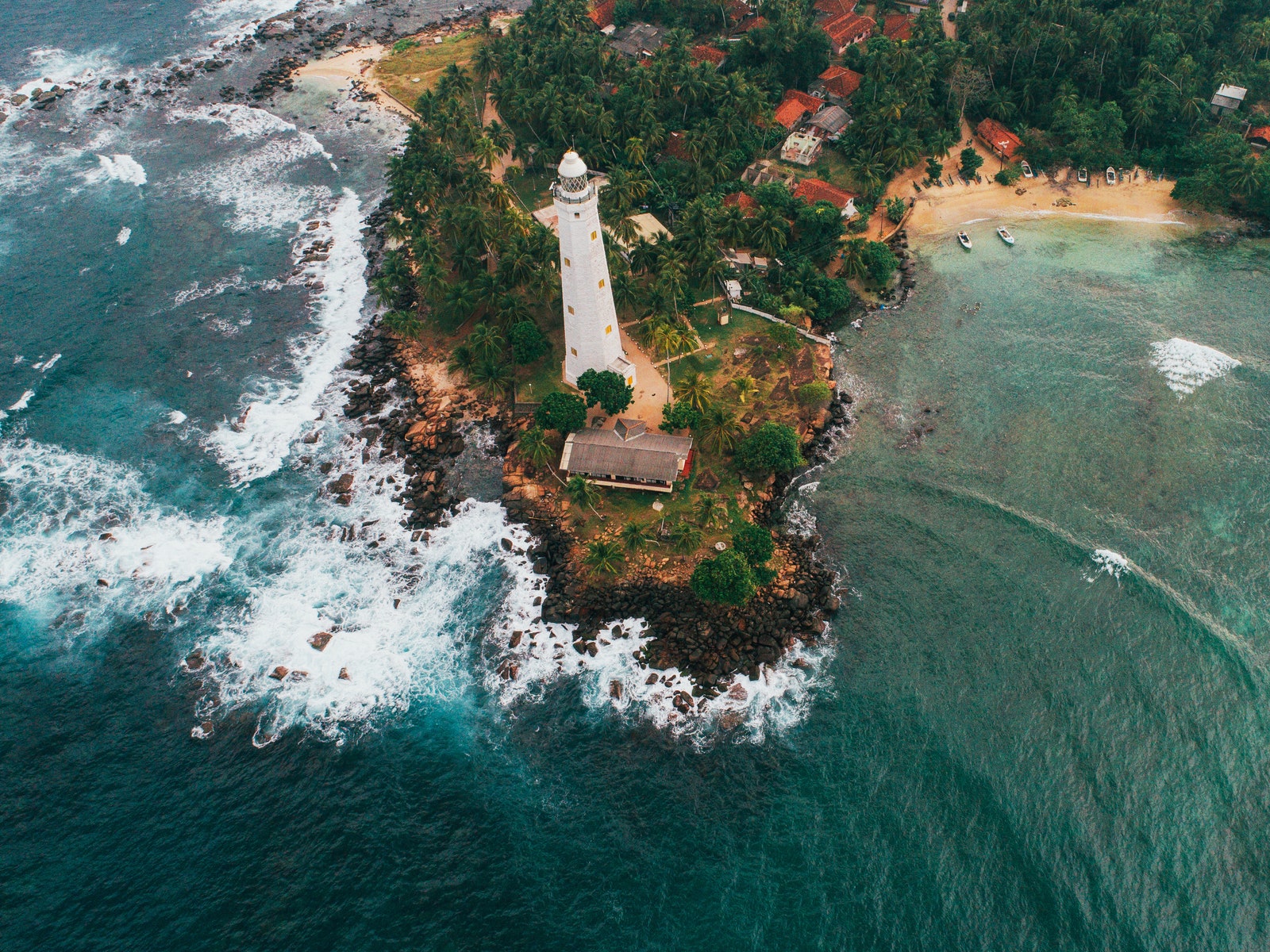 Aerial view of lighthouse on cape  in Sri Lanka