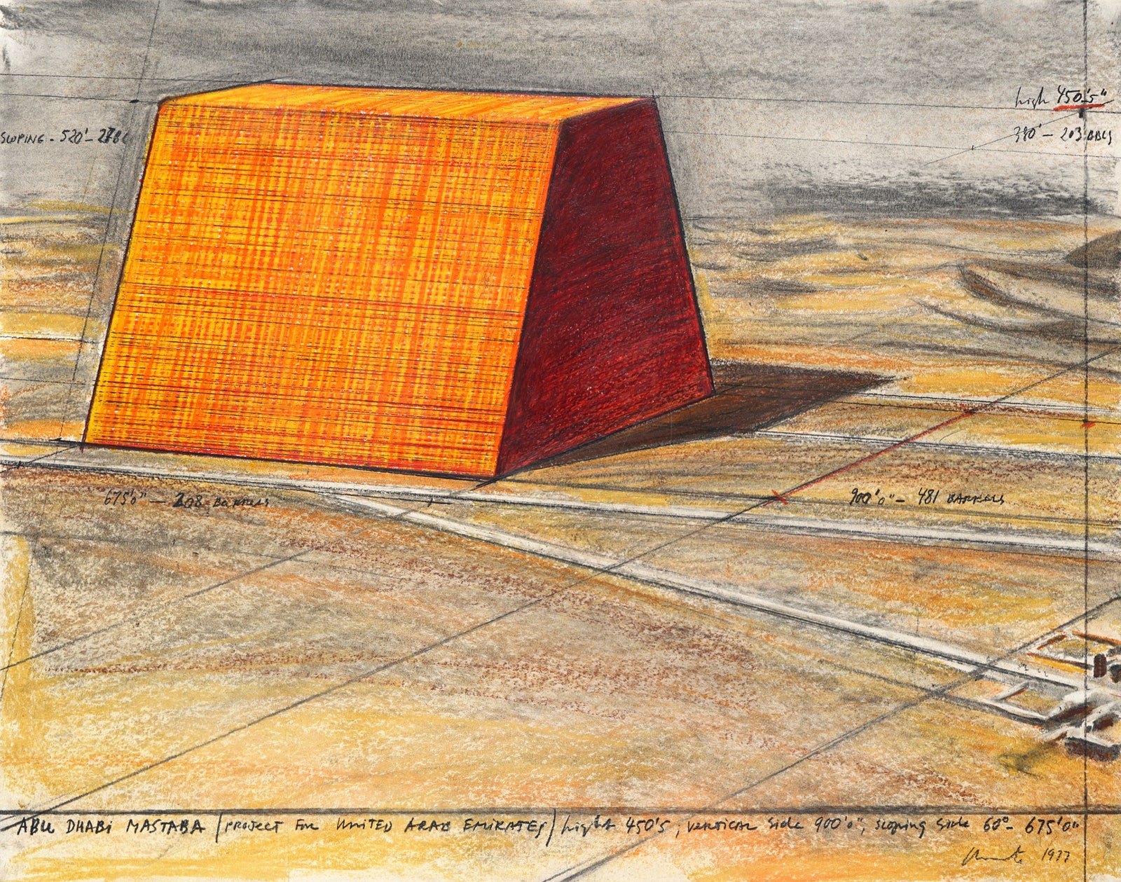 Христо. Mastaba . Рисунок 1977 года. Из коллекции Lilja Art Fund Foundation Швейцария. Фото Вольфганг Вольц © 1977 Фонд...